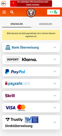 Schritt 1 zur Einzahlung mit PaysafeCard im LeoVegas Casino: PaysafeCard auswählen.