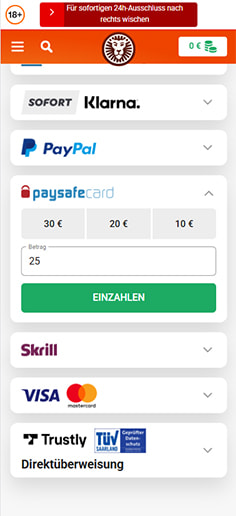 Schritt 2 zur Einzahlung mit PaysafeCard im LeoVegas Casino: Betrag eingeben.