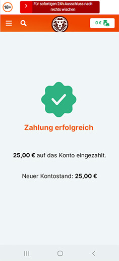 Schritt 4 zur Einzahlung mit PaysafeCard im LeoVegas Casino: Betrag wird gutgeschrieben.