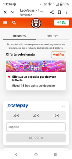 La cassa del casinò LeoVegas con selezione importo deposito