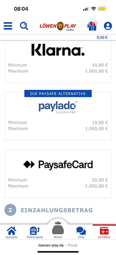 Schritt 1 zur Einzahlung mit PaysafeCard im Löwen Play Casino: PaysafeCard auswählen.