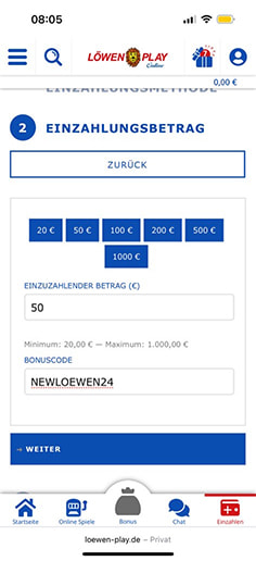 Schritt 2 zur Einzahlung mit PaysafeCard im Löwen Play Casino: Betrag eingeben.