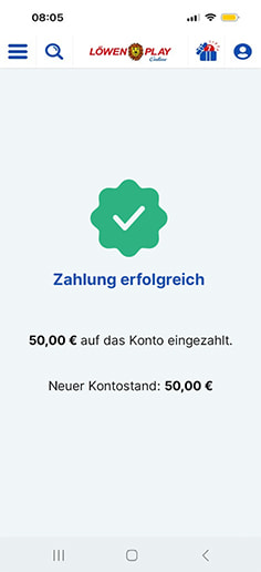 Schritt 4 zur Einzahlung mit PaysafeCard im Löwen Play Casino: Betrag wird gutgeschrieben.