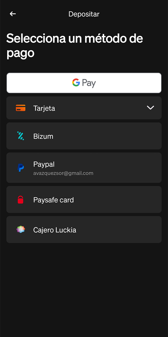 Cajero de Luckia con PaysafeCard entre los métodos de depósito