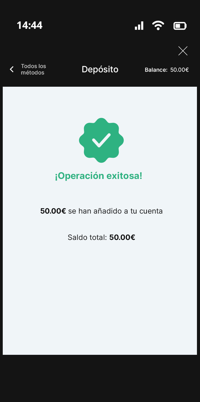 Confirmación del depósito con PaysafeCard en Luckia