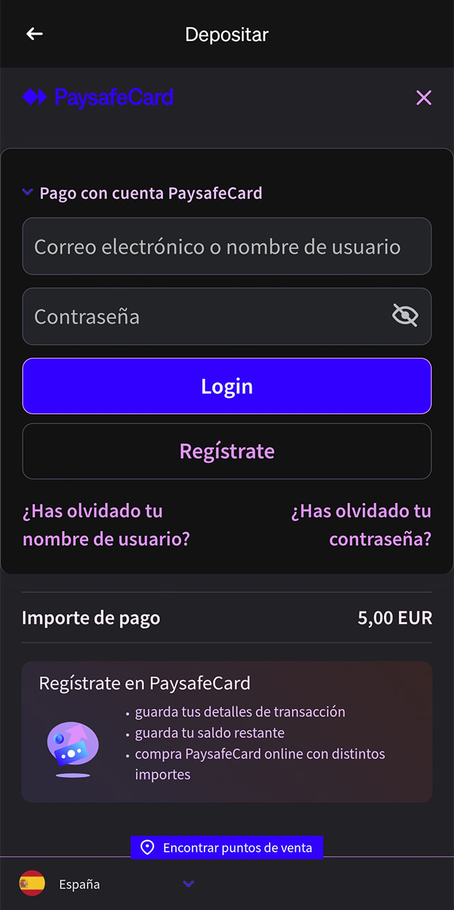 Inicio de sesión en la cuenta PaysafeCard para pagar en Luckia