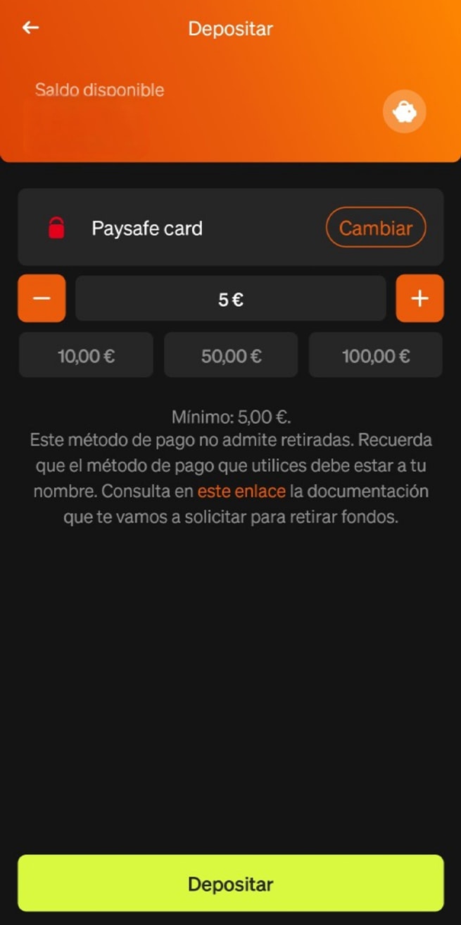 Selección del importe del depósito con PaysafeCard en Luckia