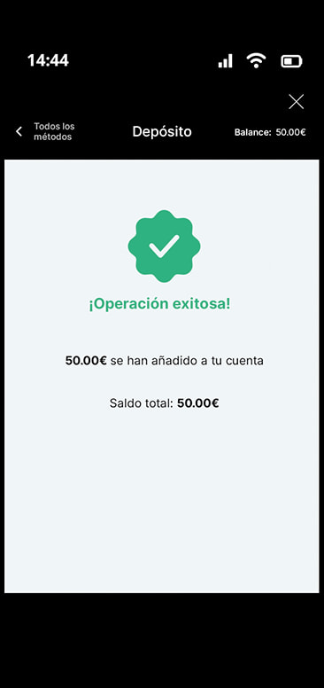 Confirmación del depósito con PaysafeCard en Mega Casino