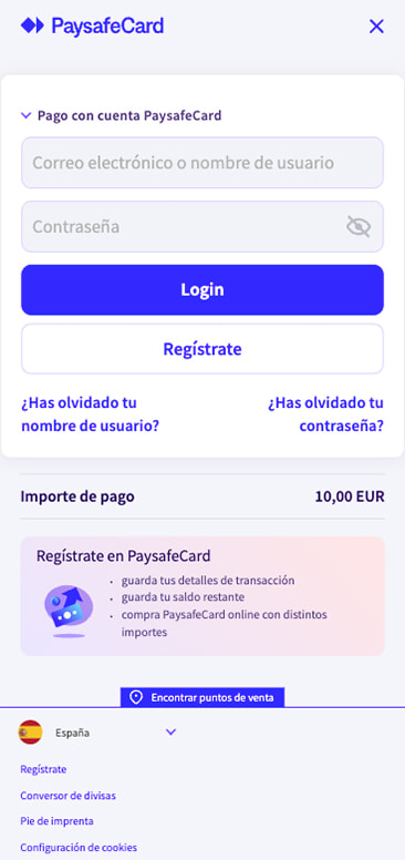 Inicio de sesión en la cuenta PaysafeCard para pagar en Mega Casino
