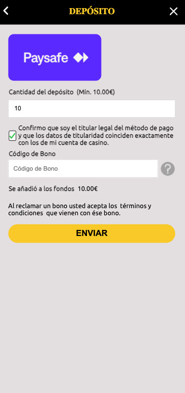 Selección del importe del depósito con PaysafeCard en Mega Casino