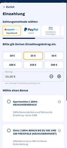 Schritt 1 zur Einzahlung mit PaysafeCard im Merkur Slots Casino: PaysafeCard auswählen.