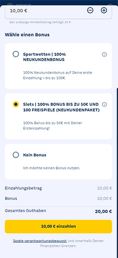 Schritt 2 zur Einzahlung mit PaysafeCard im Merkur Slots Casino: Betrag eingeben.