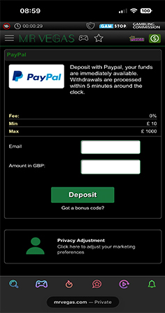 Mr Vegas Select Deposit Amount