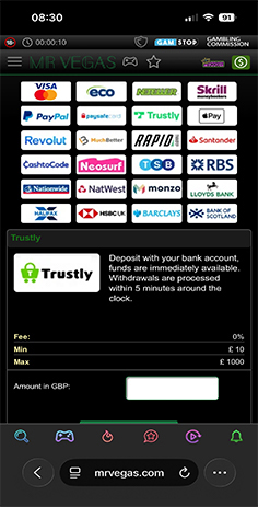Mr Vegas Casino Cashier with Payment Methods Including Trustly