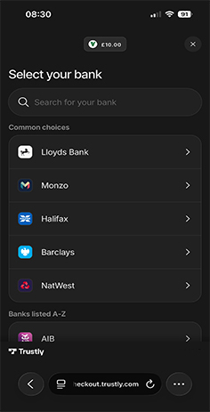 Bank Selection for the Trustly Deposit at Mr Vegas