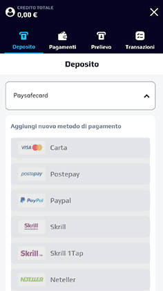 La cassa del casinò NetBet con i metodi di pagamento