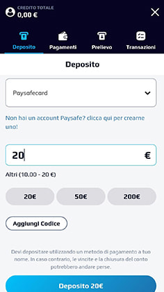 Selezione importo deposito con paysafecard su NetBet