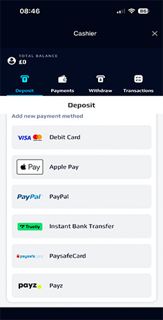 NetBet Casino Cashier with Payment Methods Including Trustly