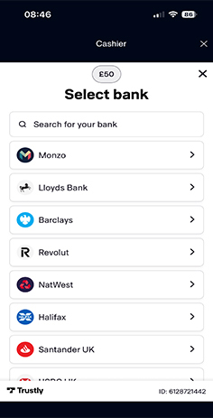 Bank Selection for the Trustly Deposit at NetBet