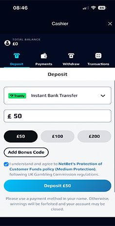 NetBet Casino Cashier with Select Deposit Amount