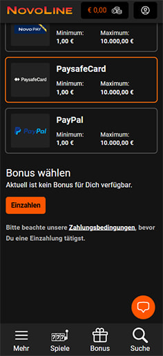 Schritt 2 zur Einzahlung mit PaysafeCard im Novoline Casino: PaysafeCard auswählen.