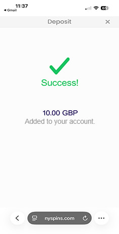 Confirmation of the PaysafeCard Deposit to NY Spins