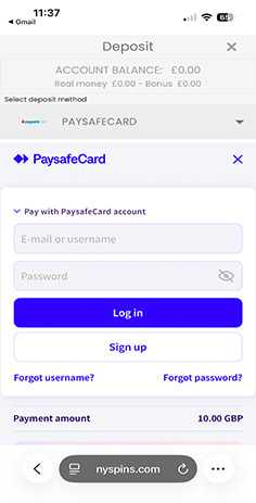 NY Spins Casino Redirected to PaysafeCard Login Page