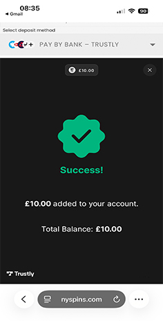 Deposit Successful Message at NY Spins