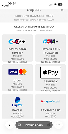 NY Spins Casino Cashier with Payment Methods Including Trustly