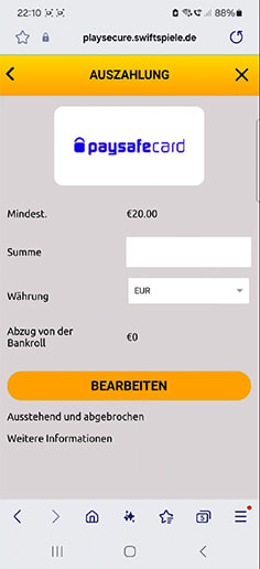 Der erste Schritt, um in PaysafeCard Casinos Geld abzuheben: Auszahlung auswählen.