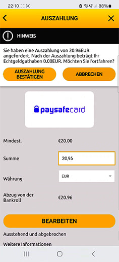Der zweite Schritt, um in PaysafeCard Casinos Geld abzuheben: Betrag festlegen.