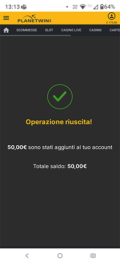 Conferma del deposito con Postepay su Planetwin365