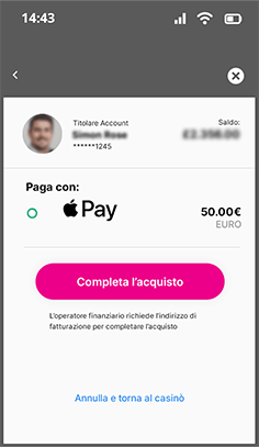 Schermata di conferma Apple Pay con Face ID su Planetwin365
