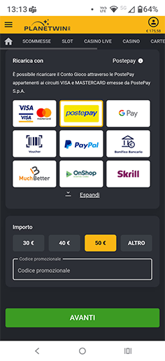 Inserimento importo con Postepay su Planetwin365