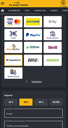 Inserimento cifra da depositare con paysafecard su Planetwin365