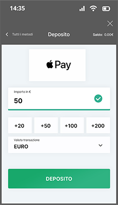 Selezione dell'importo del deposito con Apple Pay su Planetwin365