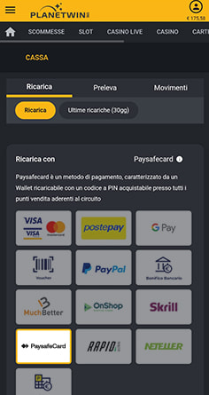 La cassa del casinò Planetwin365 con selezione importo deposito
