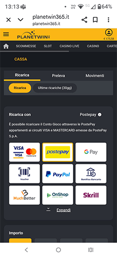 La cassa del casinò Planetwin365 con selezione Postepay