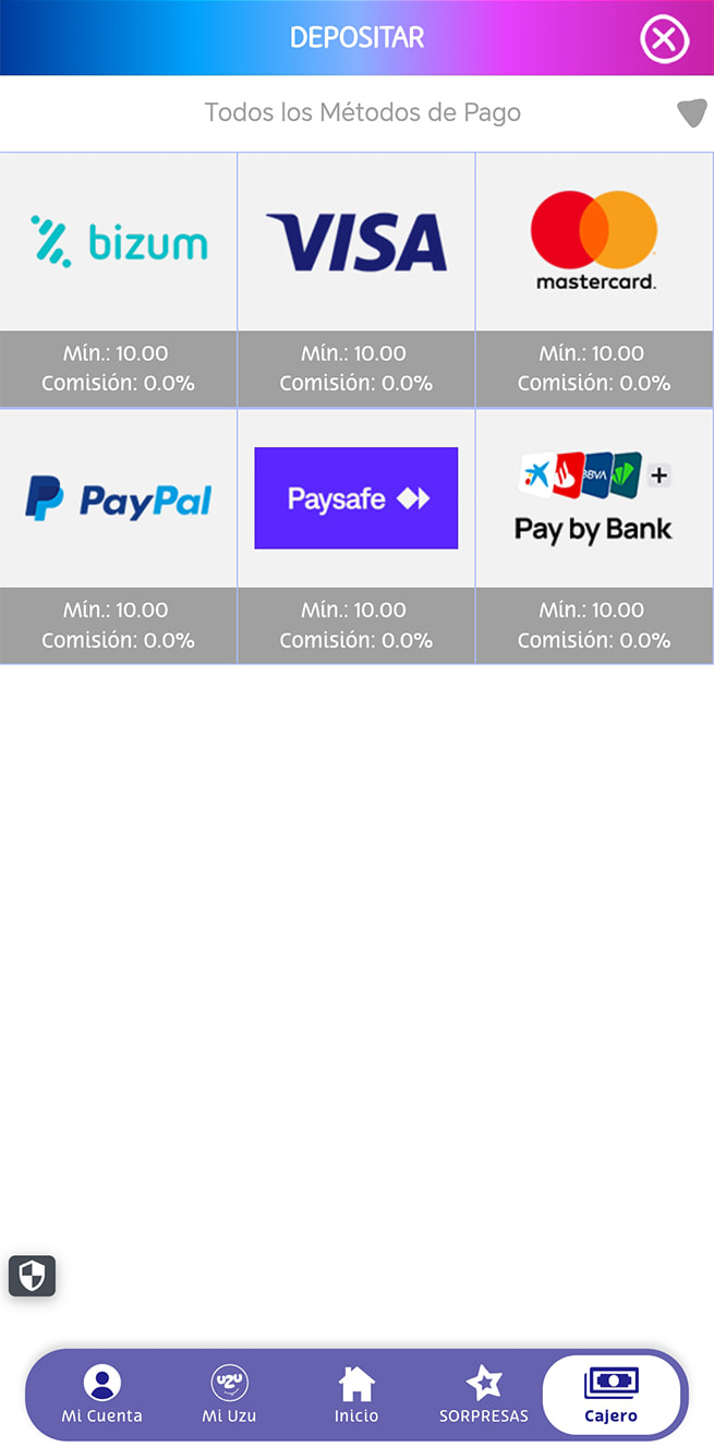 Cajero de PlayUZU con PaysafeCard entre los métodos de depósito