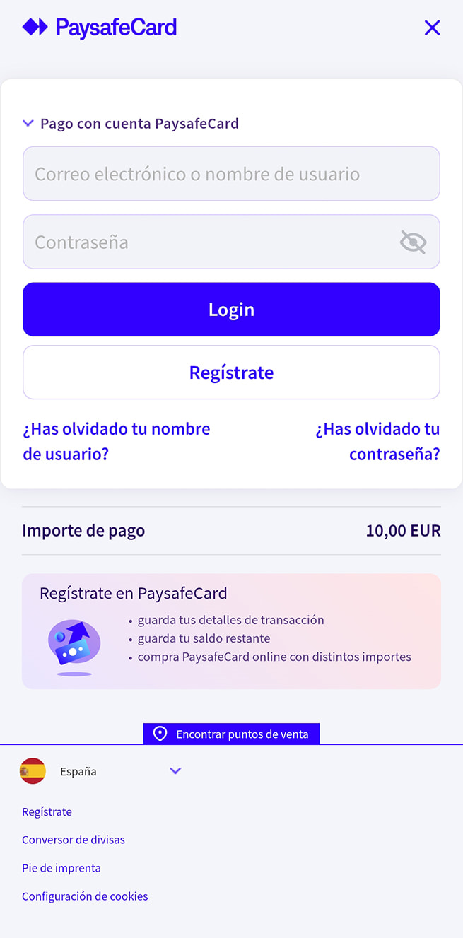 Inicio de sesión en la cuenta PaysafeCard para pagar en PlayUZU