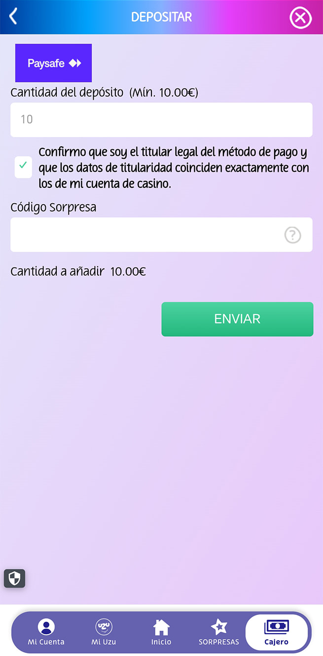 Selección del importe del depósito con PaysafeCard en PlayUZU