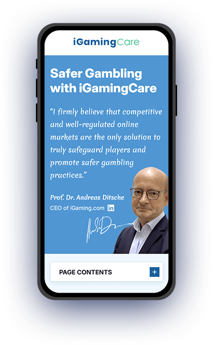 iGamingCare Homepage on a Phone Featuring the Group CEO