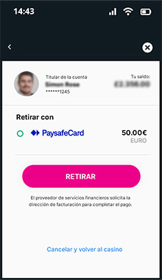 Confirmación de la solicitud de retirada en uno de los casinos online que aceptan PaysafeCard