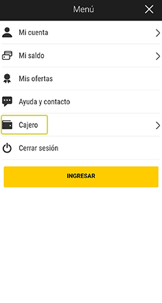 Página de casino online con Menú de navegación y la opción 'Cajero'.