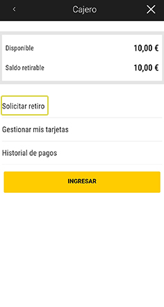 Área de cajero del casino online con la opción 