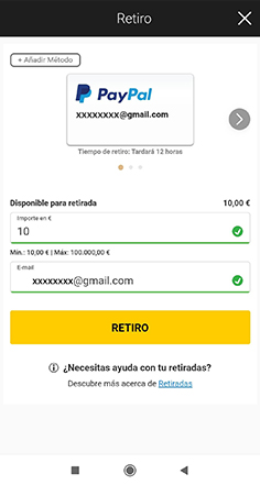 Página de casino online que muestra el importe a retirar con PayPal.