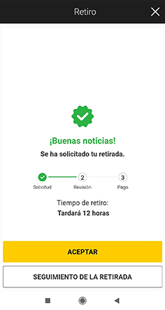 Confirmación de la solicitud de retiro exitosa.