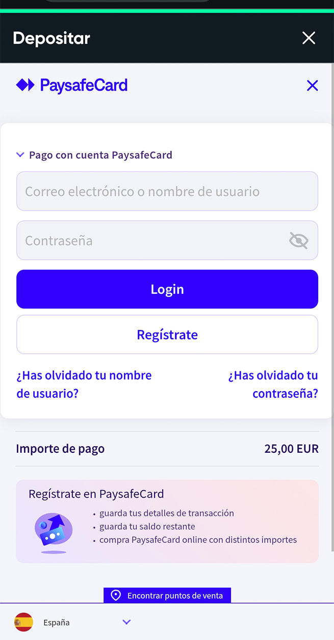 Inicio de sesión en la cuenta PaysafeCard para pagar en SpeedyBet