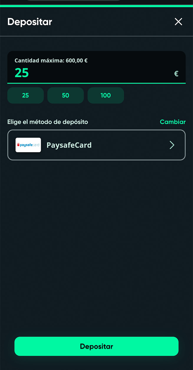 Selección del importe del depósito con PaysafeCard en SpeedyBet