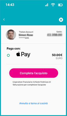 Schermata di conferma Apple Pay con Face ID su StarCasinò